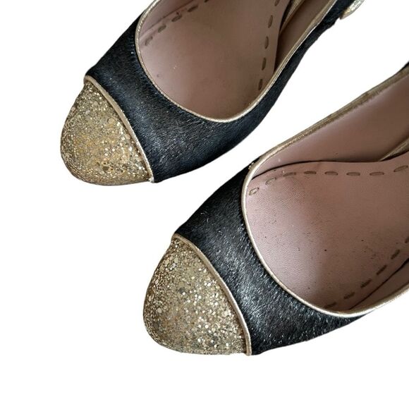 Miu Miu Black/Gold Calf Hair And Coarse Glitter Cap-Toe Block Heel Pumps Size 40 - Picture 2 of 14